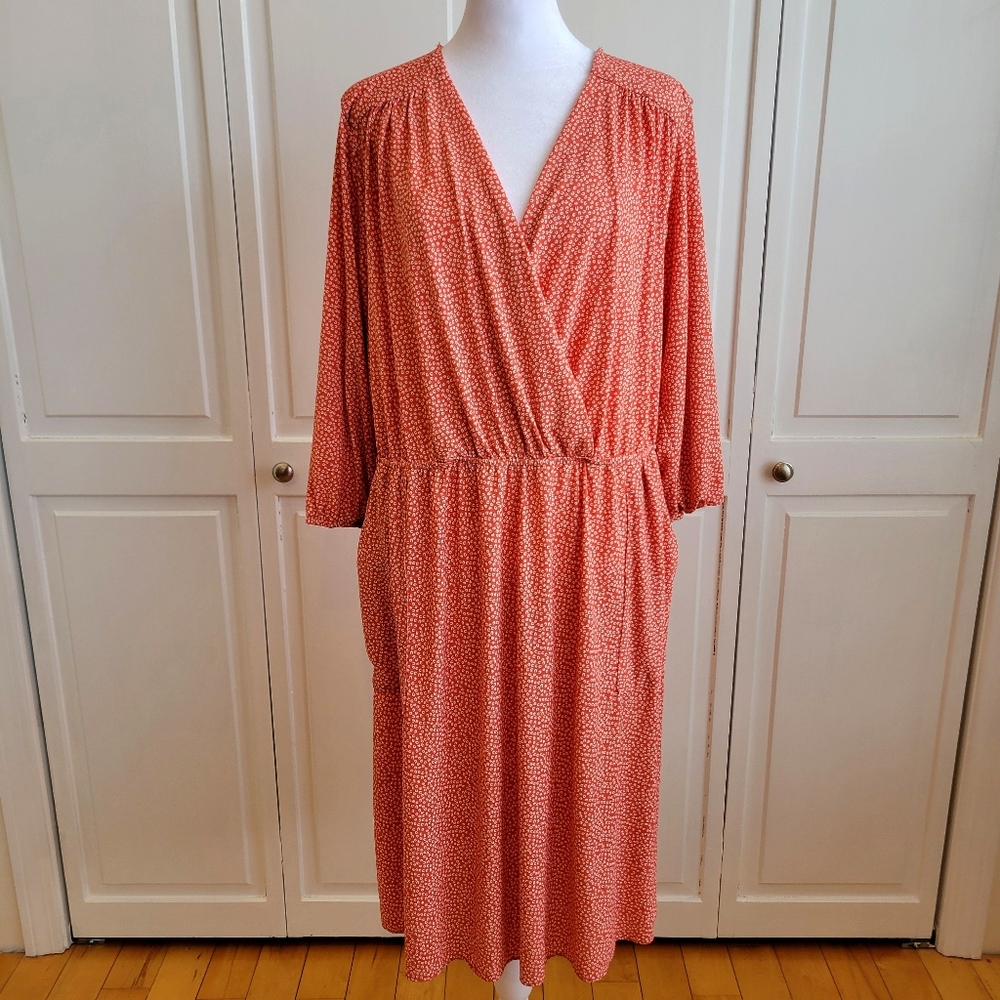 Rust Orange Wrap V-Neck Midi Dress With Pockets